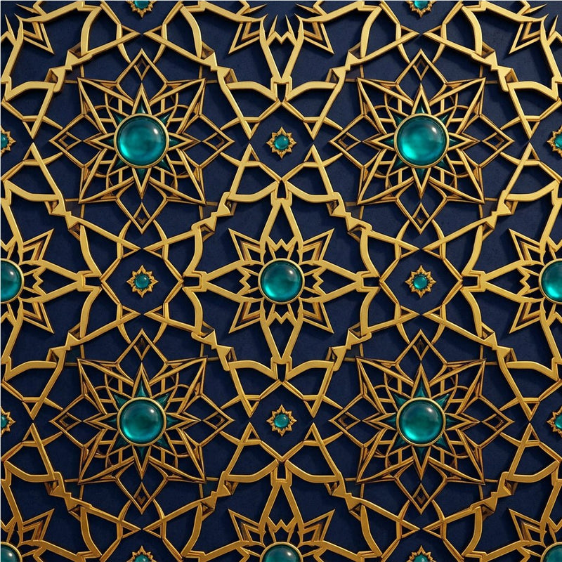Alhambra geometric luxury wallpaper — eight-pointed star lattice in antique gold and warm ivory, EU printed on premium non-woven, shown as bedroom feature wall