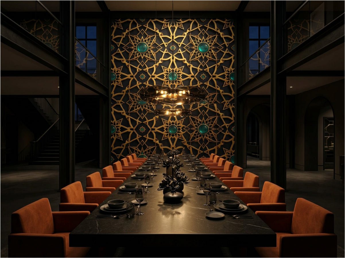 Alhambra geometric wallpaper installed as living room feature wall — Moroccan star pattern in warm neutral tones with brass and linen furnishings