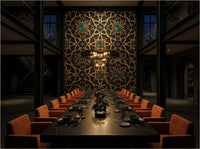 Alhambra geometric wallpaper installed as living room feature wall — Moroccan star pattern in warm neutral tones with brass and linen furnishings