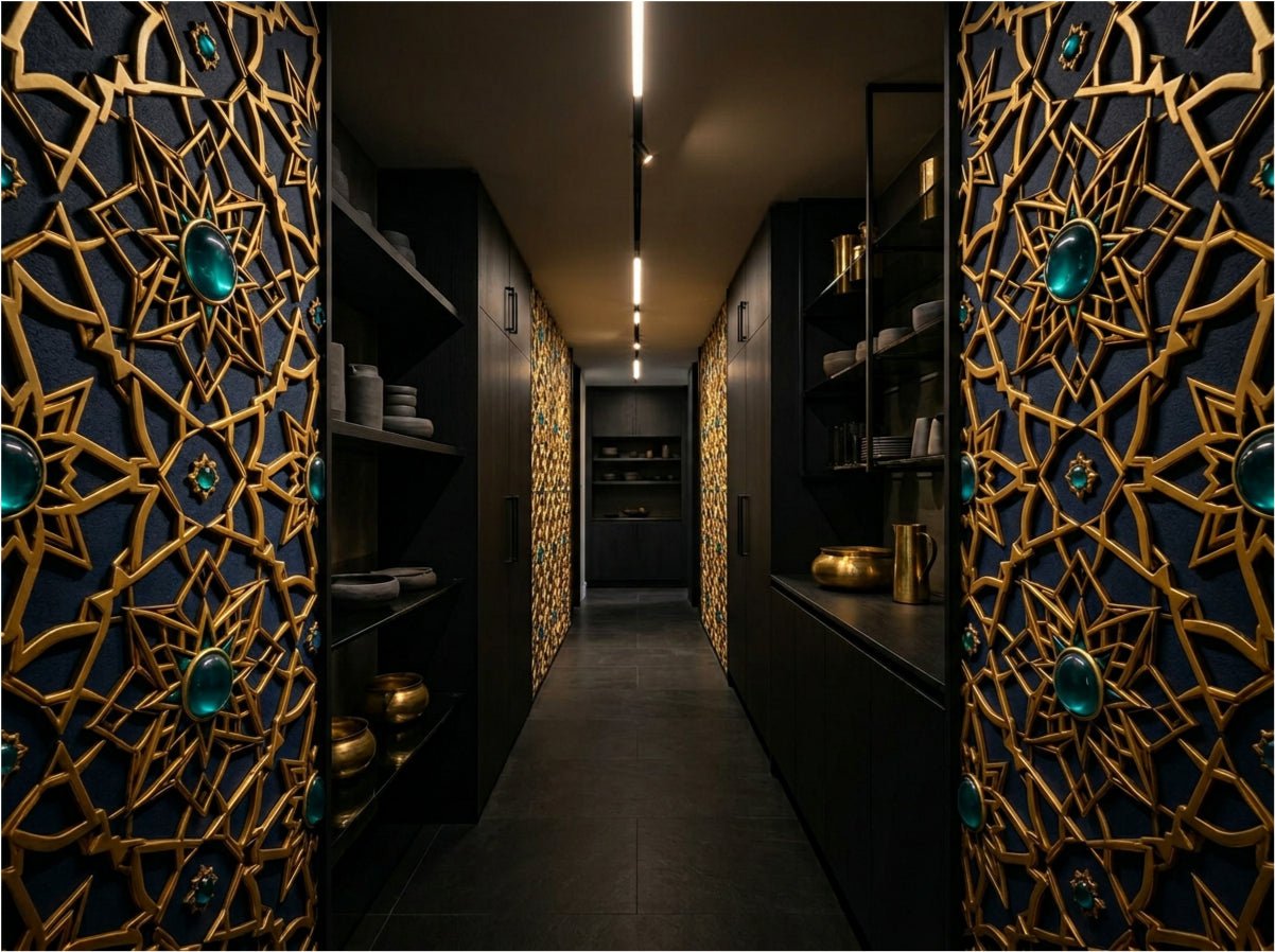 Alhambra geometric wallpaper installed as living room feature wall — Moroccan star pattern in warm neutral tones with brass and linen furnishings
