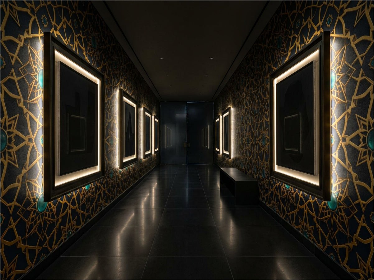 Alhambra geometric wallpaper installed as living room feature wall — Moroccan star pattern in warm neutral tones with brass and linen furnishings
