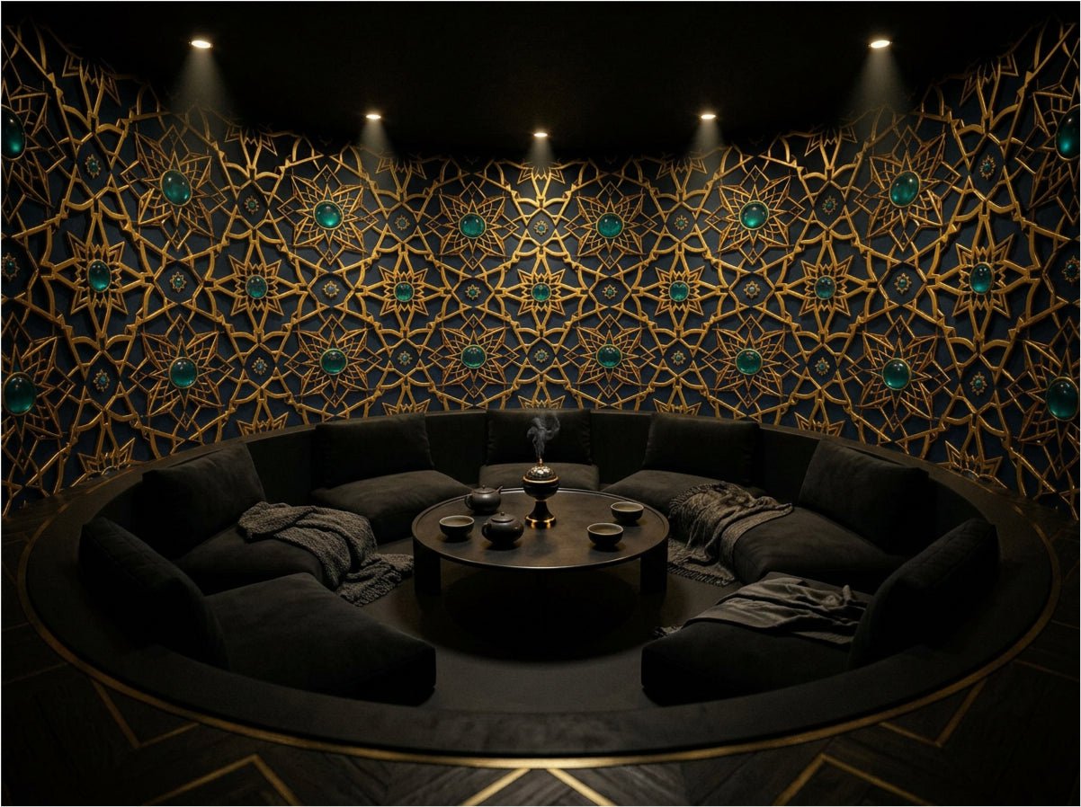 Close-up of Alhambra geometric wallpaper showing hand-drawn star polygon interlace — Nasrid palace geometry reconstructed from architectural archive