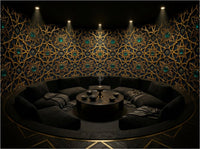 Close-up of Alhambra geometric wallpaper showing hand-drawn star polygon interlace — Nasrid palace geometry reconstructed from architectural archive