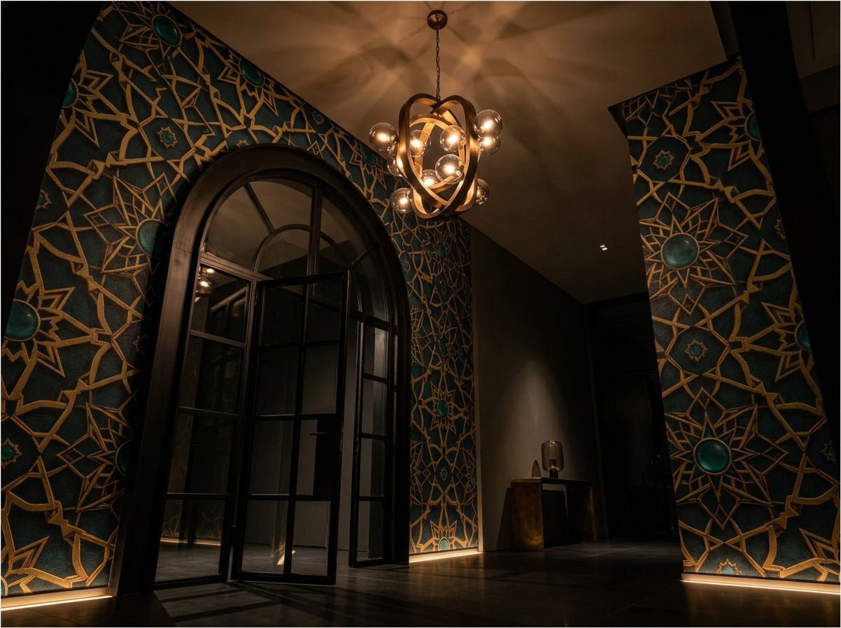 Alhambra geometric wallpaper installed as living room feature wall — Moroccan star pattern in warm neutral tones with brass and linen furnishings