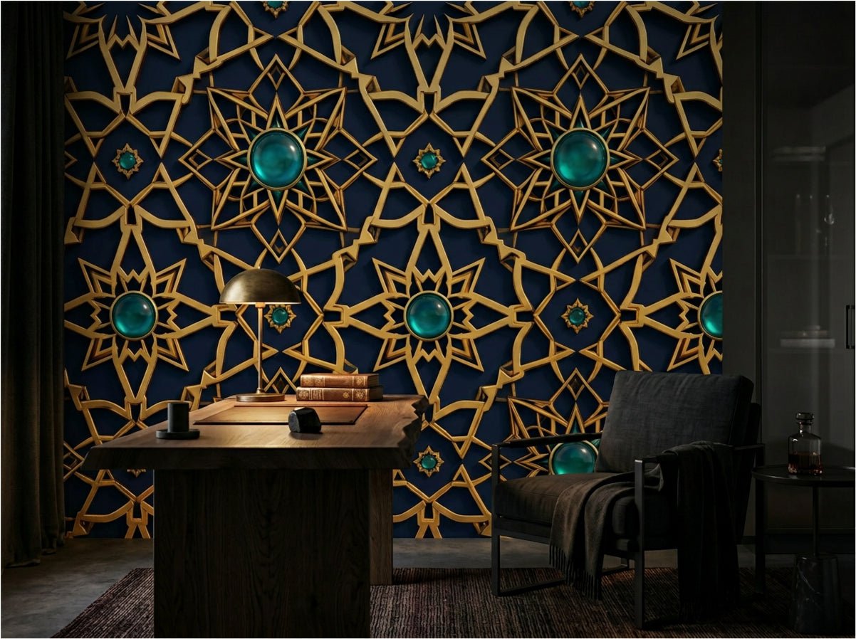 Alhambra geometric wallpaper installed as living room feature wall — Moroccan star pattern in warm neutral tones with brass and linen furnishings