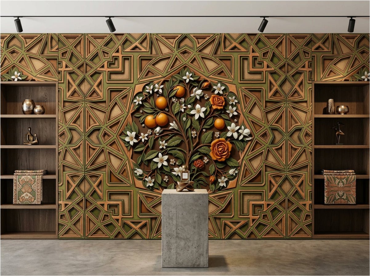 Andalusian Courtyard wallpaper in study — warm geometric pattern with oak shelving and leather furnishings