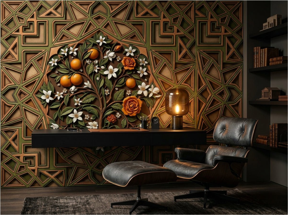 Detail of Andalusian Courtyard wallpaper showing interlocking geometric grid drawn from Moorish courtyard architecture