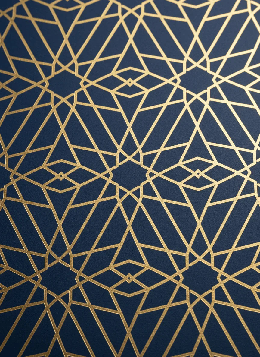Gold geometric pattern on dark blue luxury wallpaper, modern designer interior decor