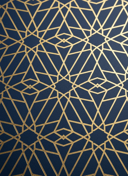 Gold geometric pattern on dark blue luxury wallpaper, modern designer interior decor