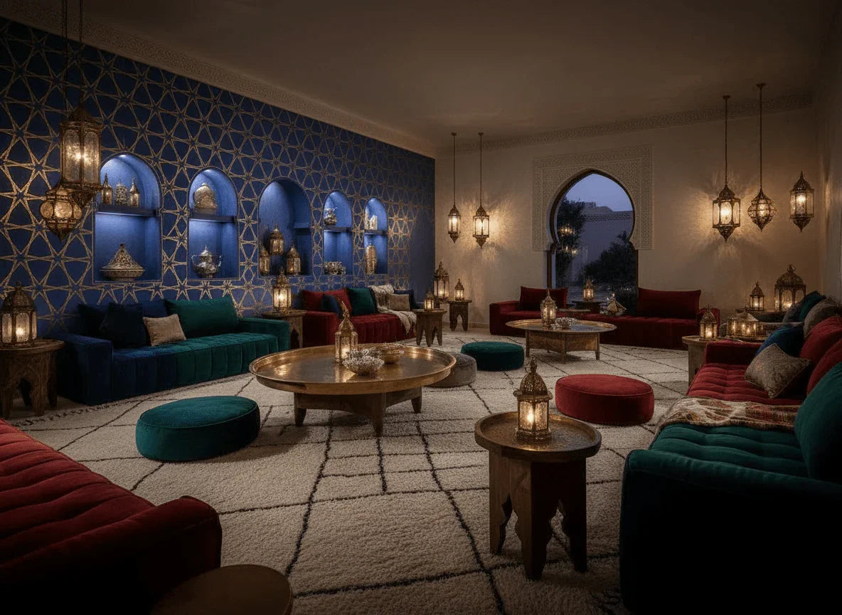 Luxury living room with blue geometric wallpaper, arched alcoves, velvet sofas, and Moroccan lanterns