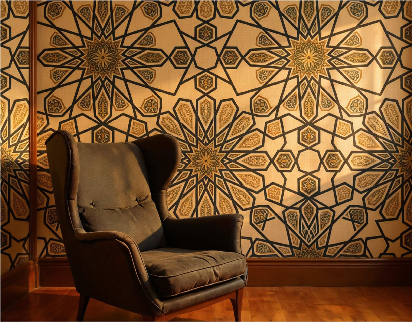 The Geometric Heritage Luxe — Prussian Blue and Gold Mural - Carta Noor