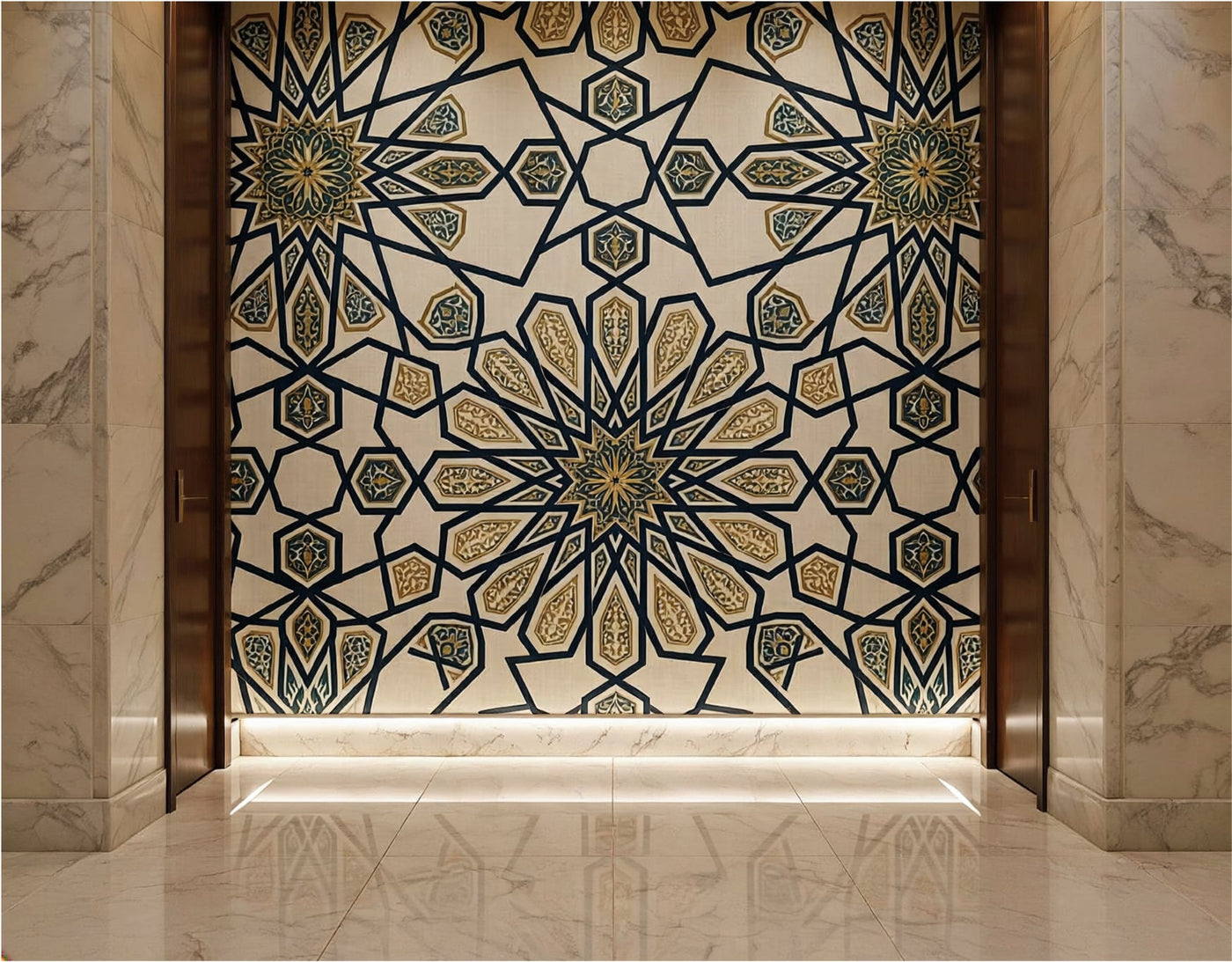 The Geometric Heritage Luxe — Prussian Blue and Gold Mural - Carta Noor