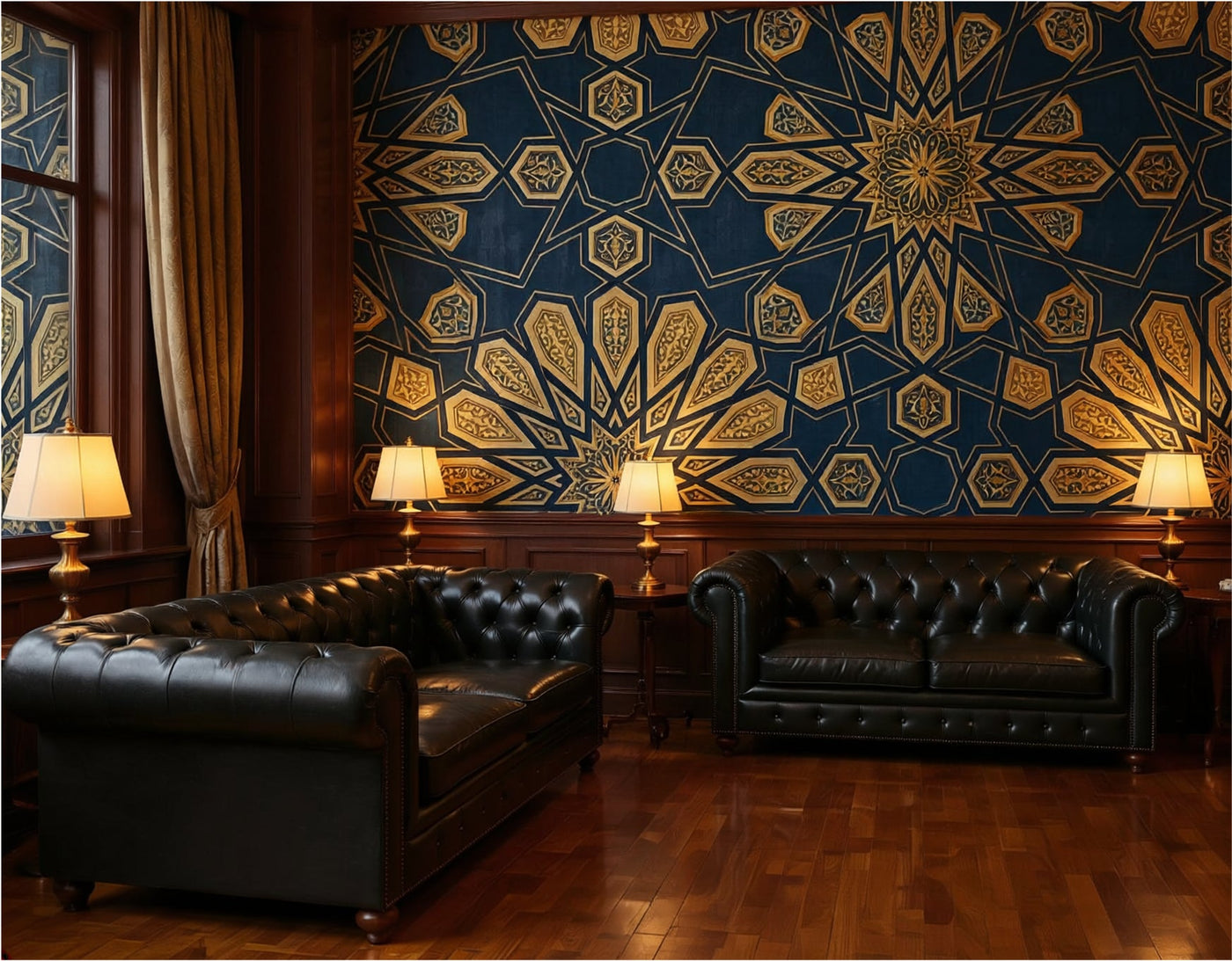 The Geometric Heritage Luxe — Prussian Blue and Gold Mural - Carta Noor