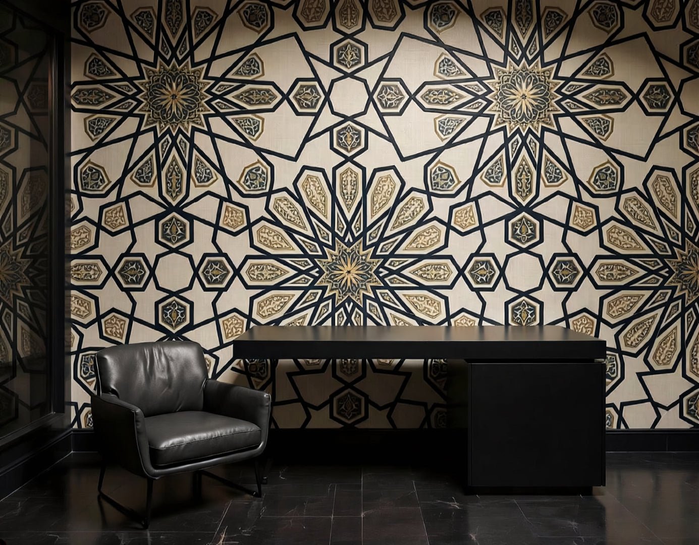 The Geometric Heritage Luxe — Prussian Blue and Gold Mural - Carta Noor