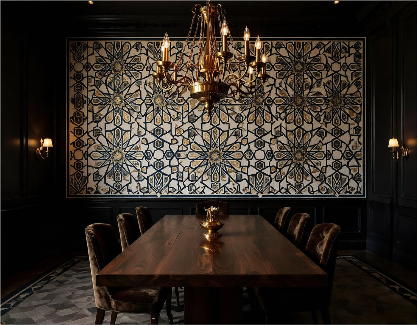 The Geometric Heritage Luxe — Prussian Blue and Gold Mural - Carta Noor