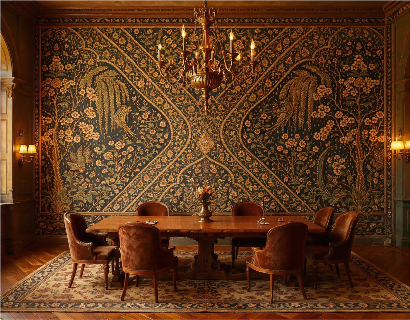 Persian Garden Tapestry wallpaper as full-room installation in sitting room — scenic pattern creating an immersive garden interior