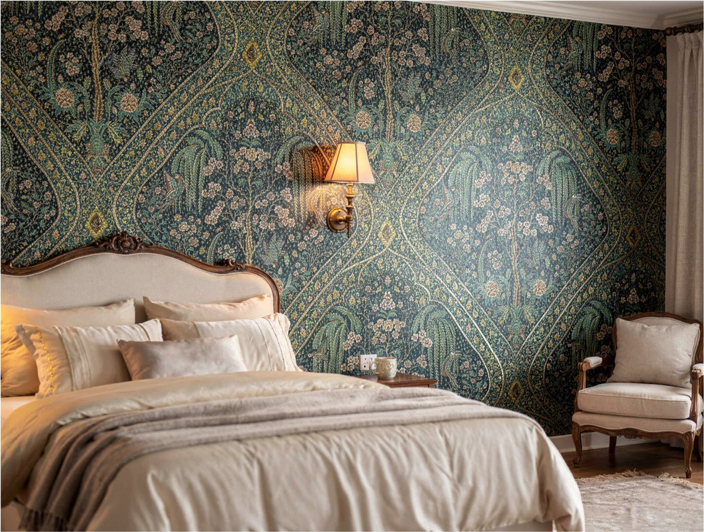 Persian Garden Tapestry wallpaper as full-room installation in sitting room — scenic pattern creating an immersive garden interior