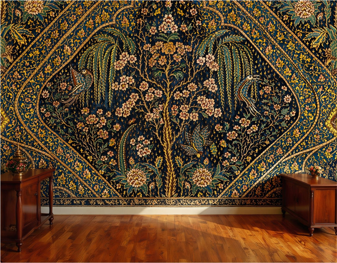 Persian Garden Tapestry wallpaper as full-room installation in sitting room — scenic pattern creating an immersive garden interior